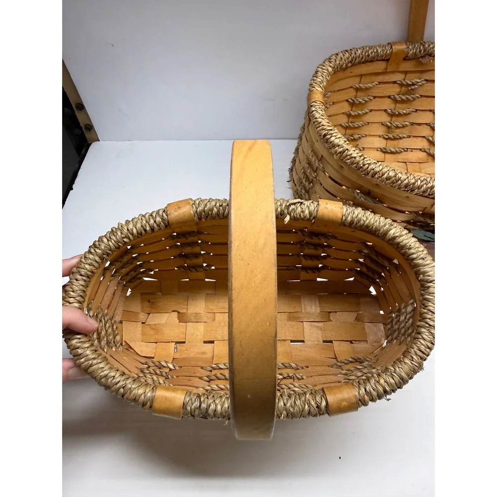 Set of 2 Woven Wood Apple Baskets Rustic Farmhouse Decor with Rope Accents